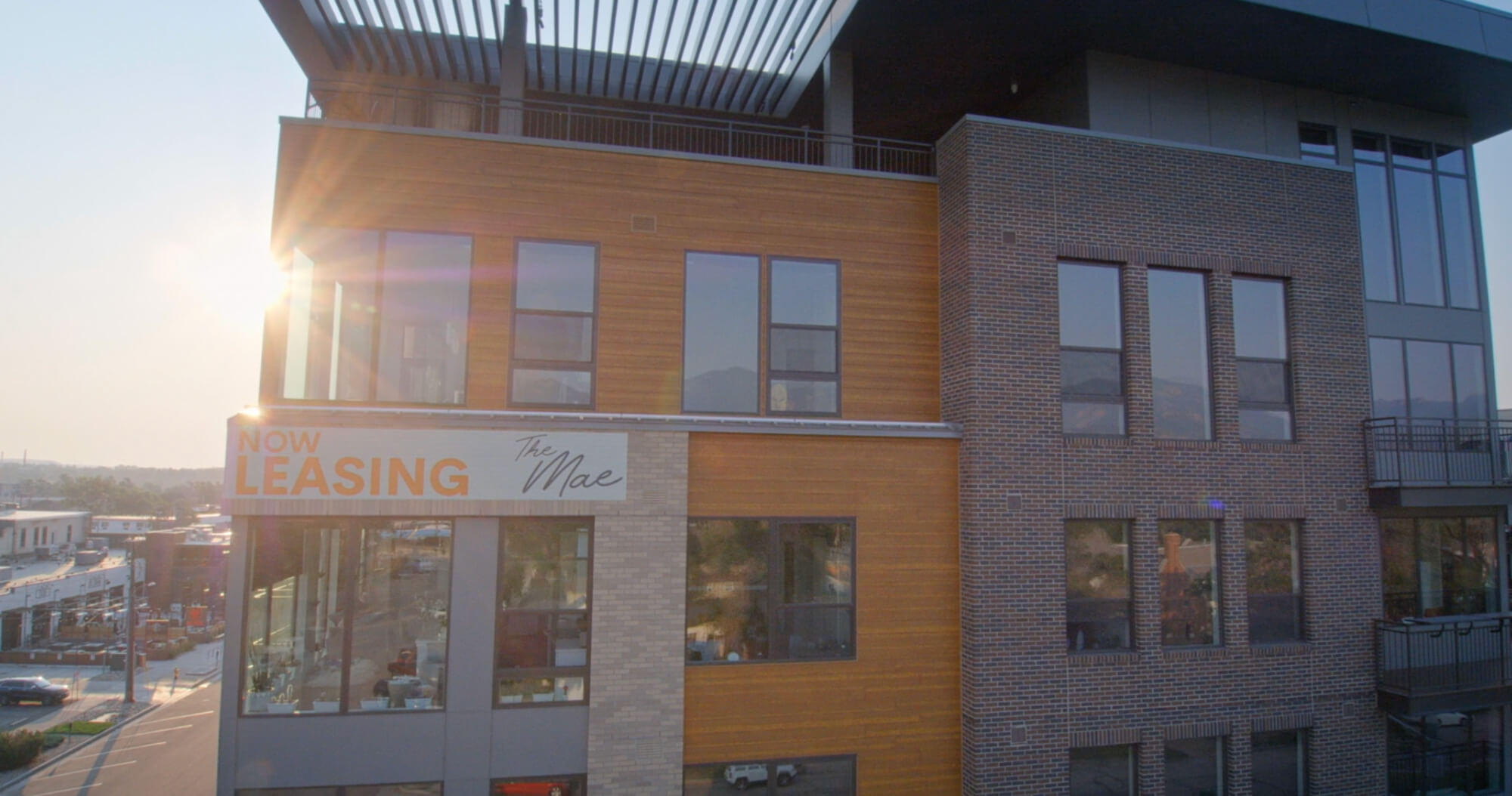 Drone view of the exterior architecture of the Mae on Cascade